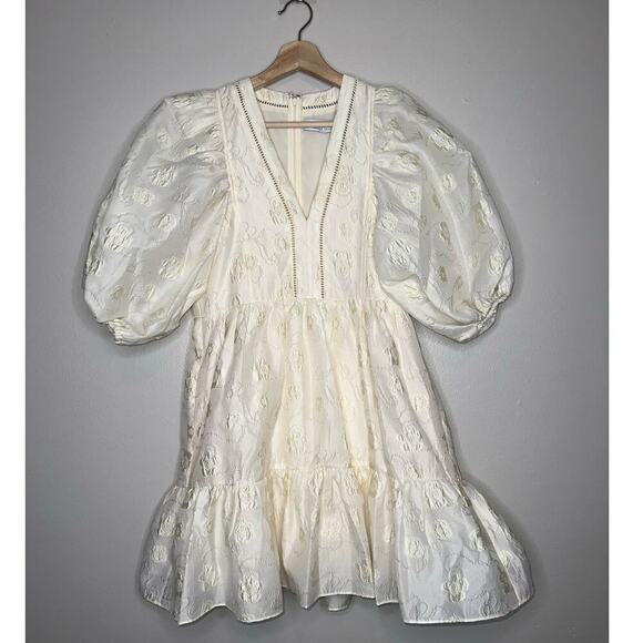 Hunter Bell Gaille Puff Sleeve Mini Dress in Ivory Floral Jacquard Size Small - Picture 3 of 10